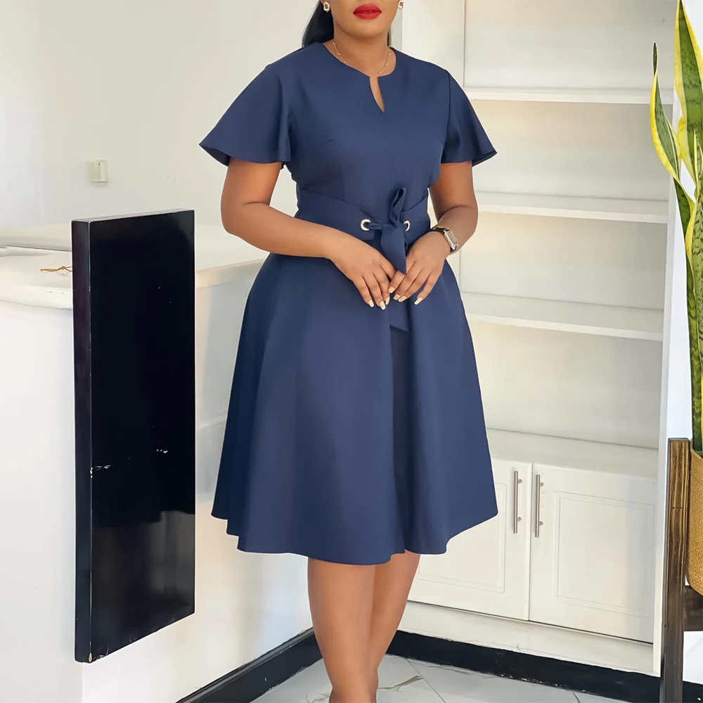 Elegant African Office Dresses for Women O Neck Short Sleeve Sashes A Line  Mid Calf Fashion Professional Work Wear Dress Clothes - AliExpress 200000345
