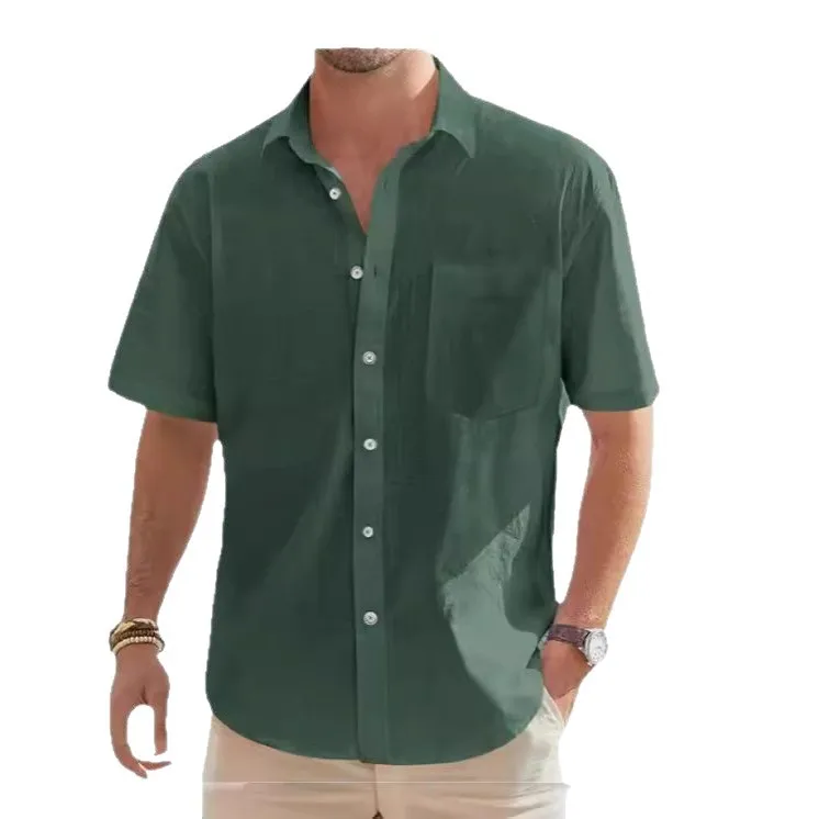 Men's Cotton Linen Short Sleeve Shirt Premium Casual Button-Down Shirt w/Pocket 7