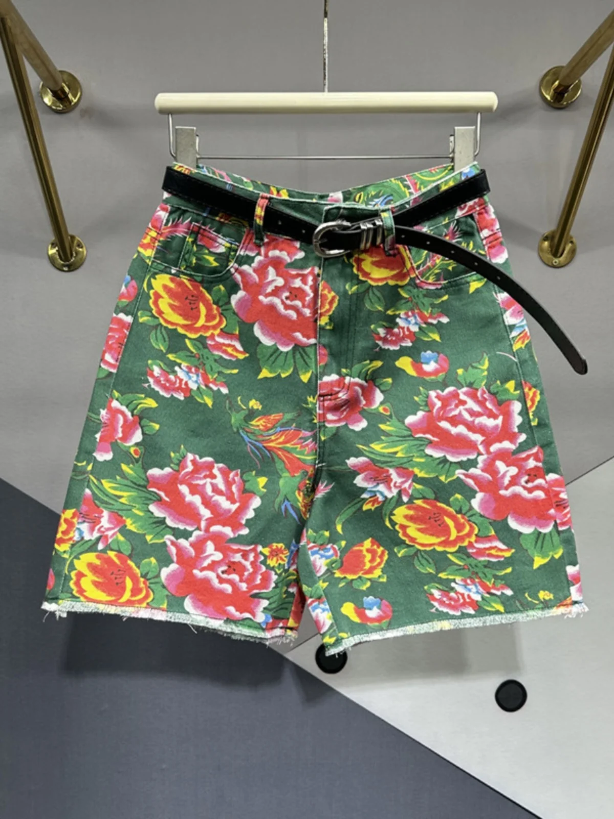 Vintage Big Flowers Denim Half Pants Female 2024 Spring New Loose All-Match Slim Wide Leg High Waist Straight Jean Middle Pants