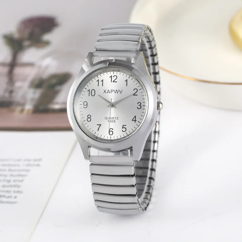 Man Women Couple Wrist Watches Stainless Steel Band Alloy Lovers Business Movement Wristwatch Elastic Strap Band Quartz Watch 4