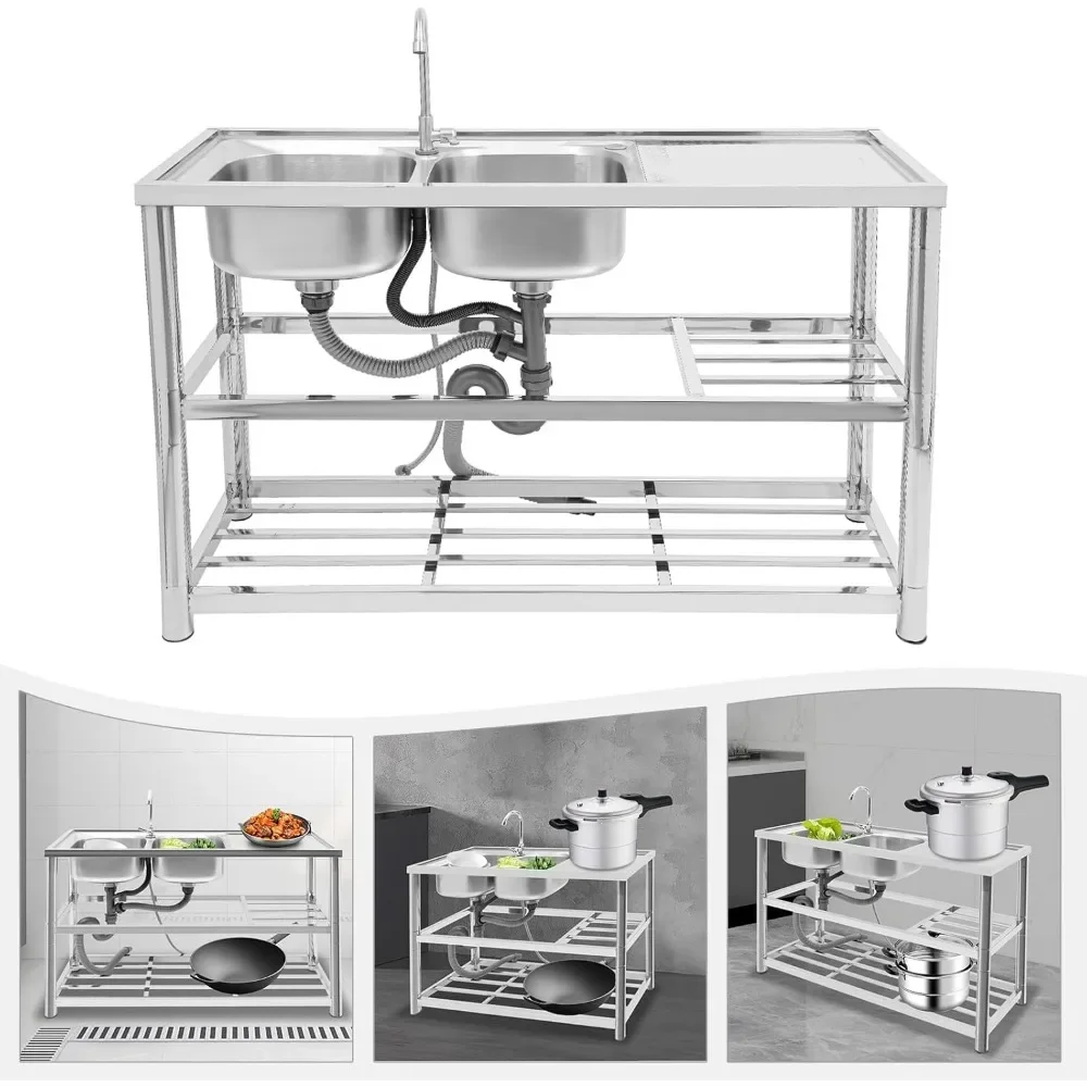 Commercial Stainless Steel Sink Freestanding Utility Sink with Faucet Kitchen Sinks Freestanding with Cabinet Double Bowl 2