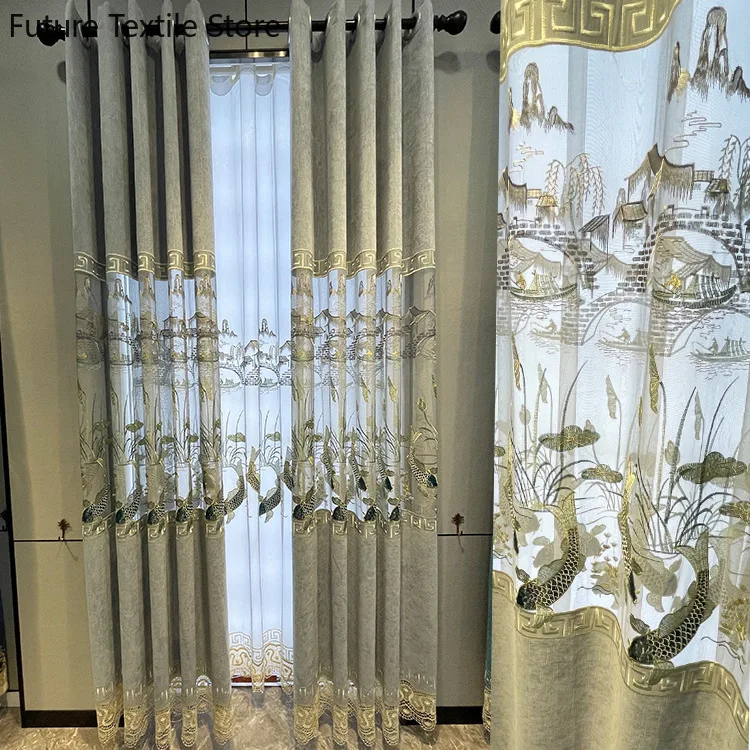 

Customized 2023 new Chinese style embroidered curtains living room floor-to-ceiling windows study tea room high-end chenille