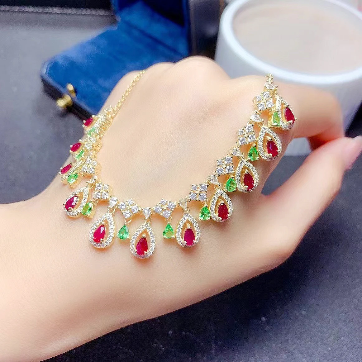 Fs Zaffiro Naturale/Rubino Tsavorite Collana Di Lusso S925 Argento Puro Fine Fashion Charm Gioielli Da Sposa Regalo Per Le Donne Meibapjnew