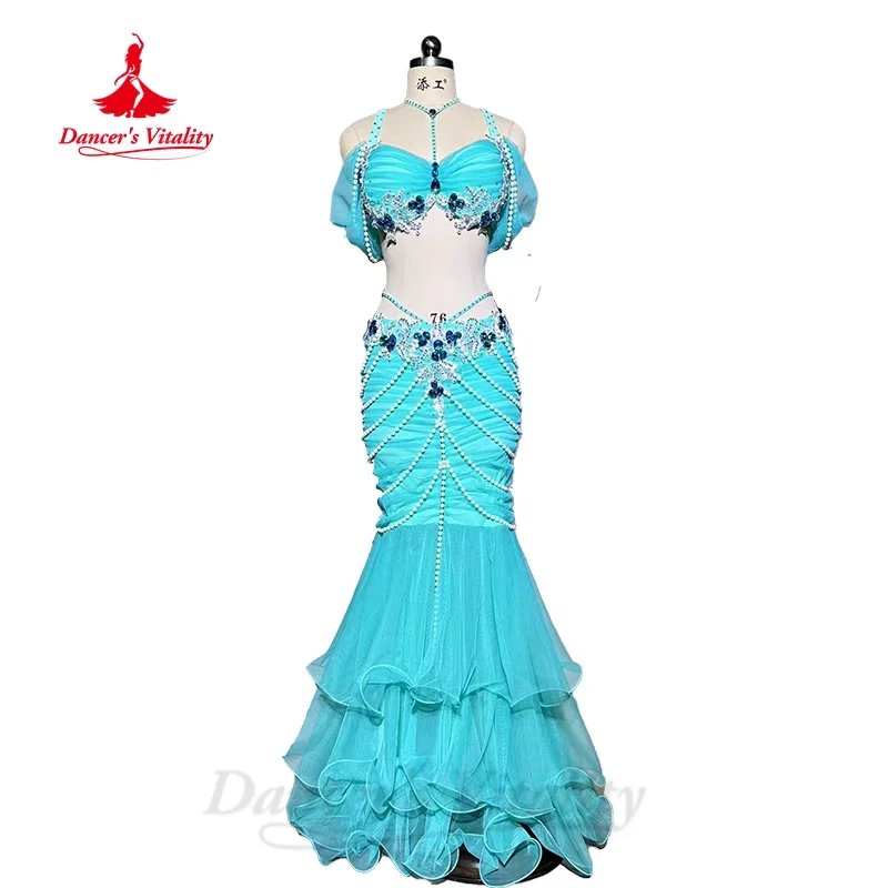 

Женский костюм для танцев BellyDance, роскошный женский комплект из двух предметов: бюстгальтер и изысканная юбка рыбий хвост с жемчужинами, одежда для восточных танцев