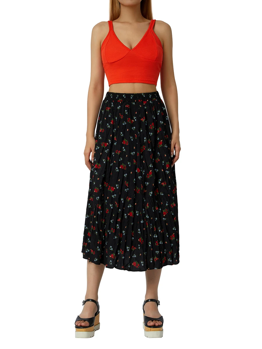 

Women's Fashion Trend Midi A-line Skirts, Vintage Floral Print High Waist Pleated Long Swing Skirts