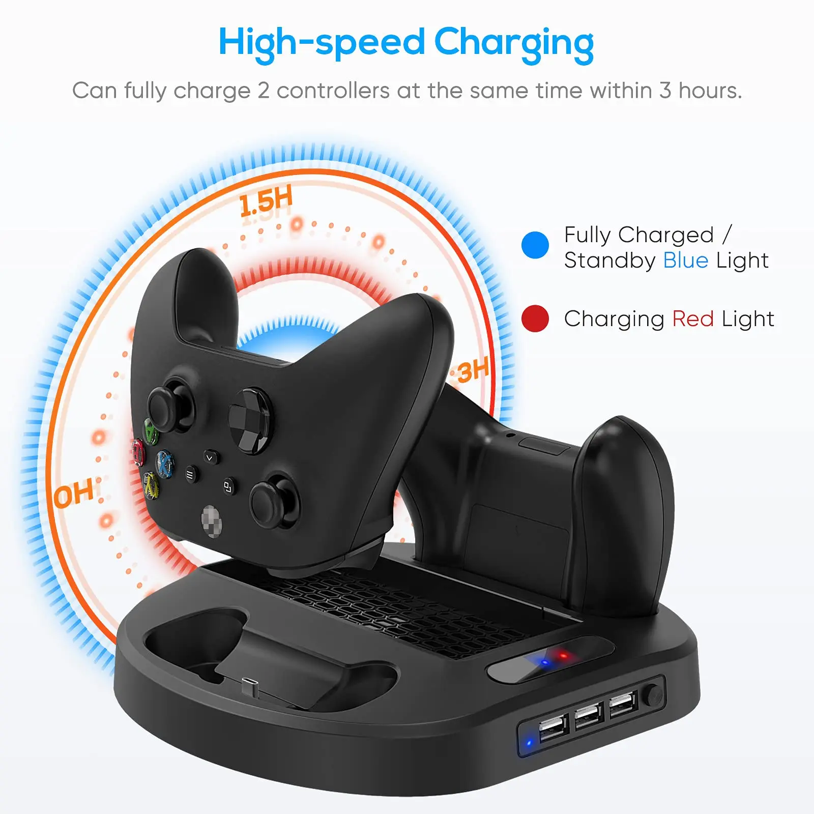 Xbox 시리즈 S 컨트롤러용 수직 충전 스탠드, 냉각 선풍기 충전기 도킹 스테이션, LED 표시기 및 3 USB 허브