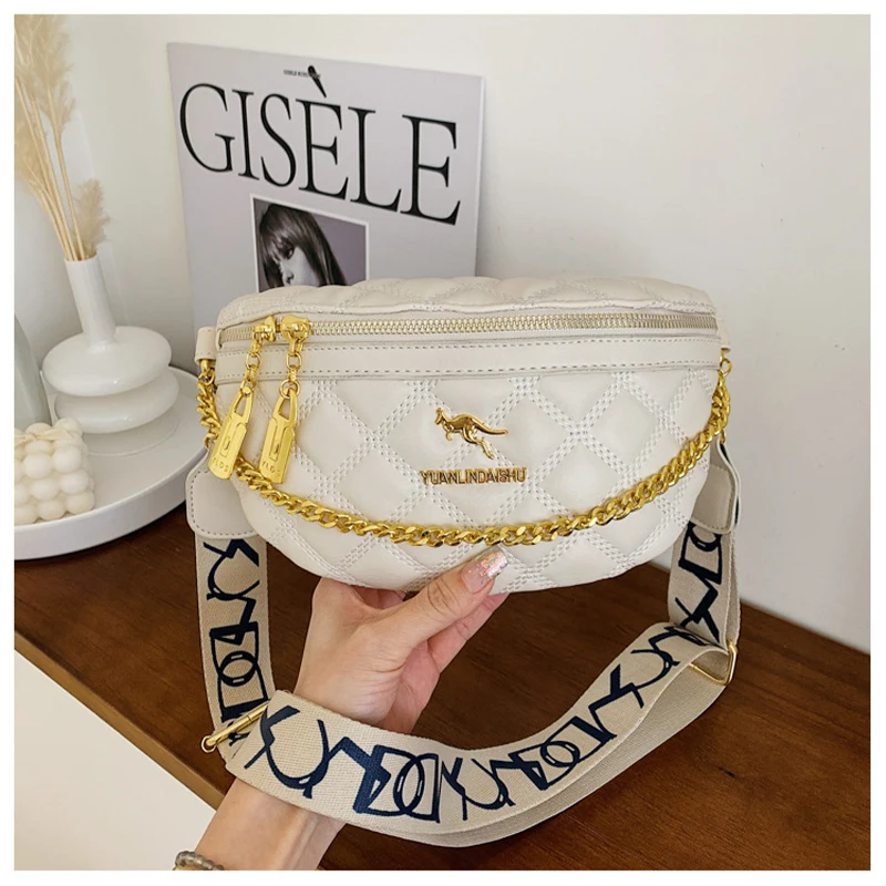 Rhombus Women'S Bag Chain Fanny Pack Ladies Crossbody Chest Bag Waist Packs Ladies Casual Soft Leather Messenger Shoulder Bag