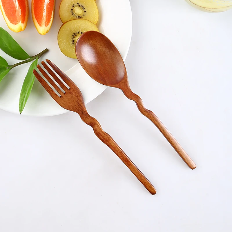 Creative Curve Fork Spoon Set Solid Wood Long Handle Spoon Household Dinner Fork Solid Wood Tableware