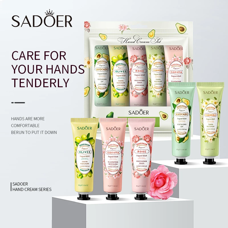 5pcs/set SADOER Fruit Floral Hand Cream Sets Moisturizing Anti Peeling Anti-wrinkles Hand Creams Kit Hands Skin Care Products