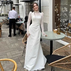 Toofgon Delicated Lace Formal Wedding Dresses Long Sleeves High Neck Buttons Bridal Gowns Floor Length Bride Weding Party Gowns
