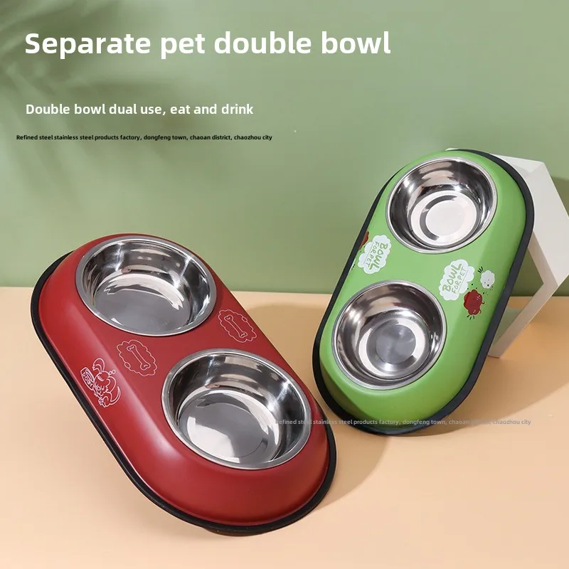 Stainless steel double bowl cartoon cat bowl anti-knock dog food basin drinking water feeder removable pet supplies Stainless steel double bowl cartoon cat bowl anti-knock dog food basin drinking water feeder removable pet supplies