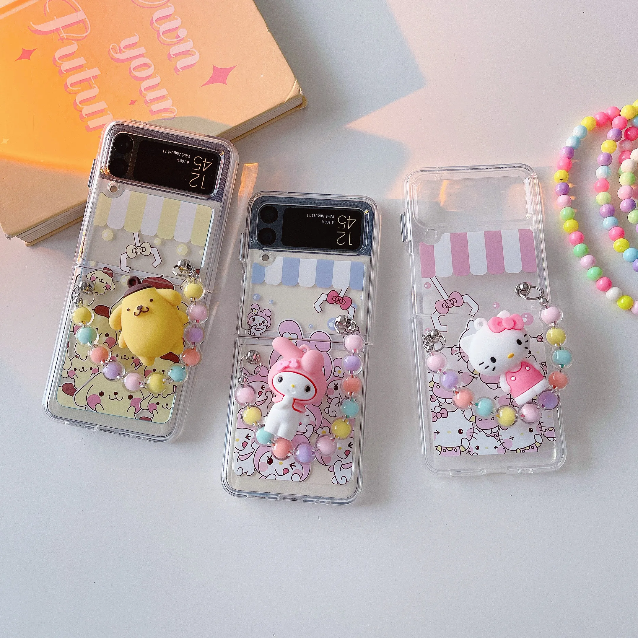 For Samsung Galaxy Z Flip 4 3 5G Cute Cartoon Kuromi Bracelet stand Holder  Case