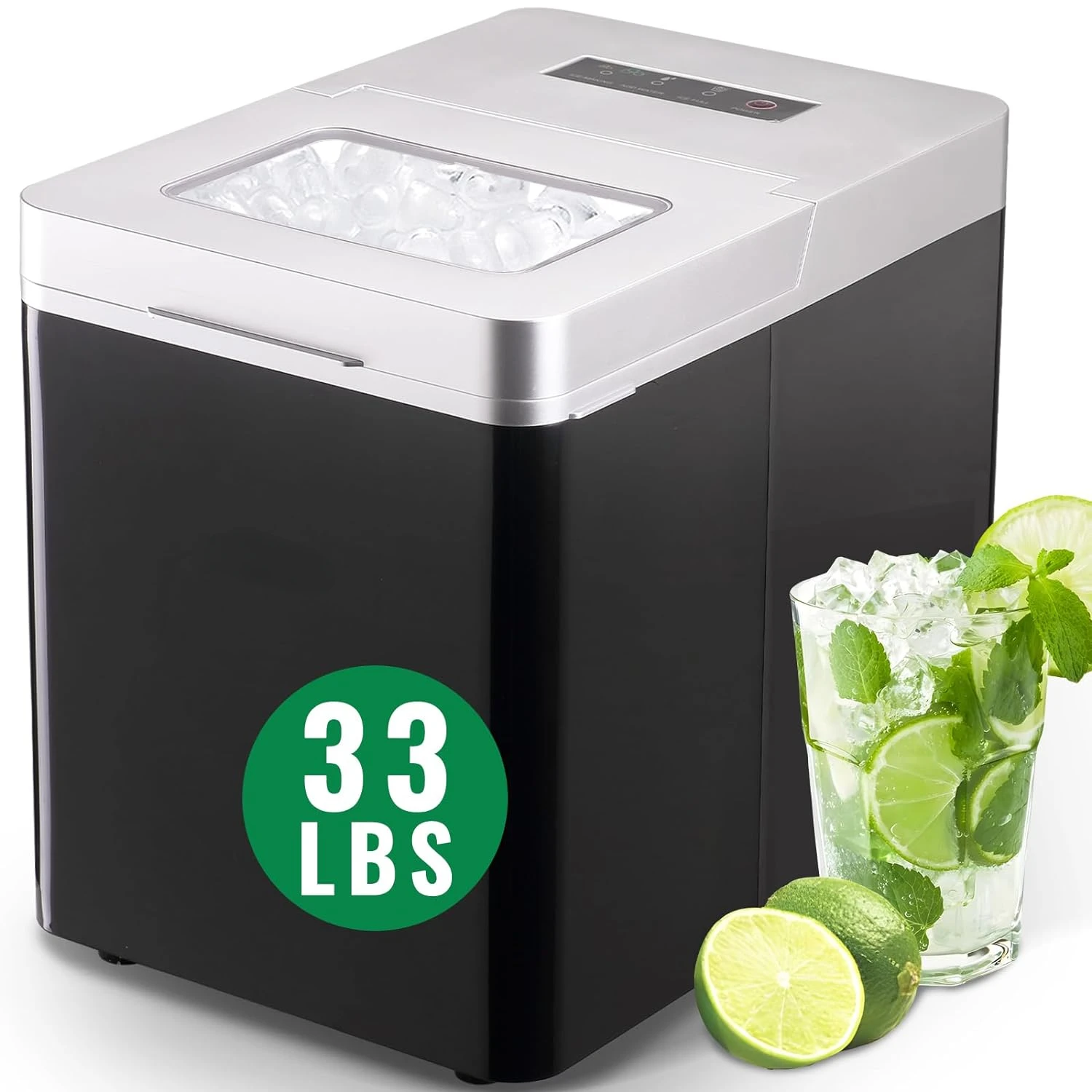 

Ice Maker Countertop 9 Pcs ice in 8 Mins, 33LBS in 24Hrs, Ice Machine with Auto Self-Cleaning, Ice Scoop & Basket, Two Si