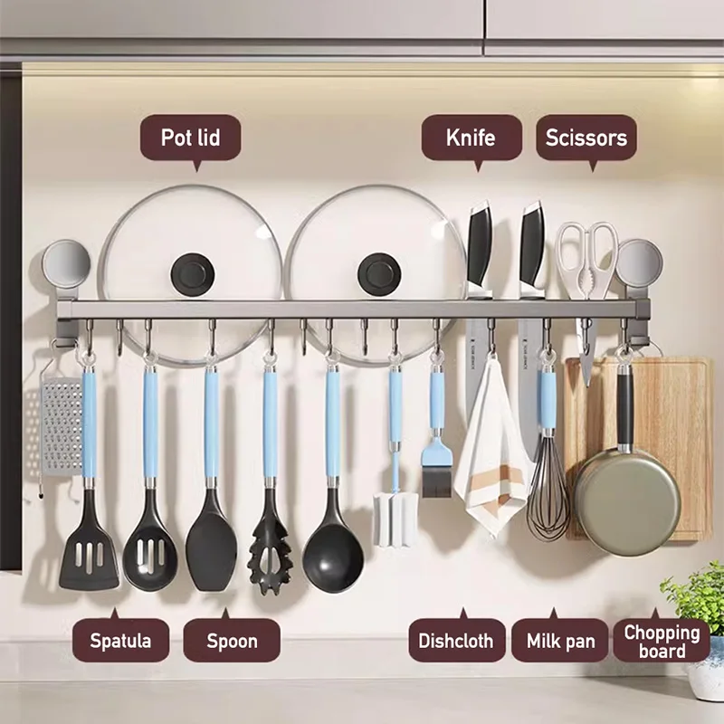 Suction Cup Kitchen Hanging Rack with Sliding Hooks Wall Mount Cooking Tool Utensils Hanger Knife Spoon Movable Hanging Shelf