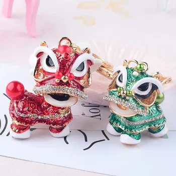 Cartoon Diamond Studded Kirin Car Keychain Chinese Style Alloy Small Lion Dance Handmade Keychain Creative Gift Pendant