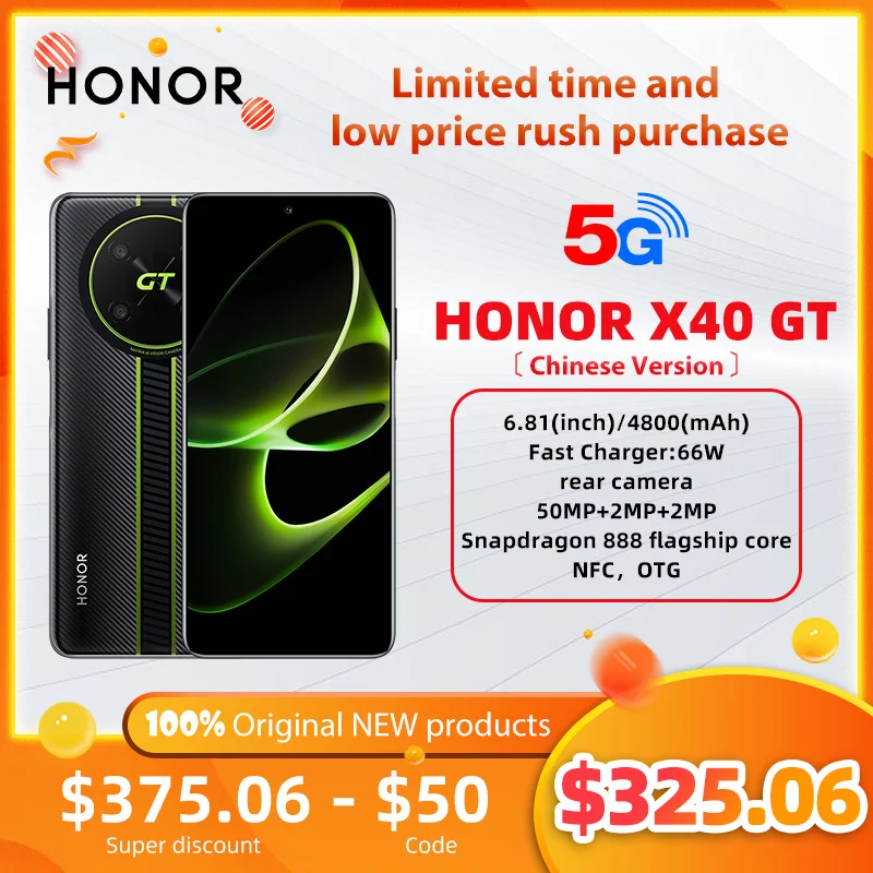  HonorX40 GT original mobile phone Snapdragon 888 smartphone 144Hz flash esports screen  66W super fast charge phone 5G 