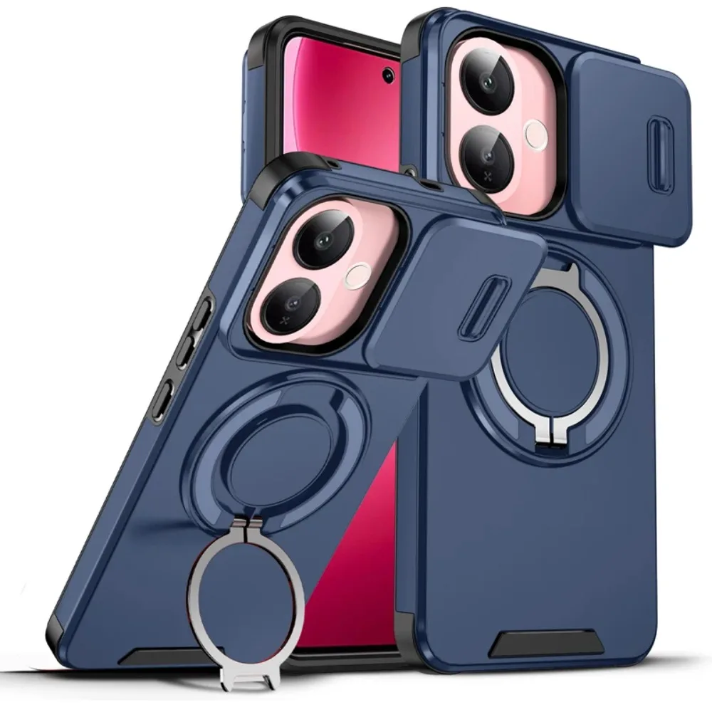 Heavy Duty Magnetic Metal Ring Phone Case - Shockproof Rugged Armor with Slide Camera Protector