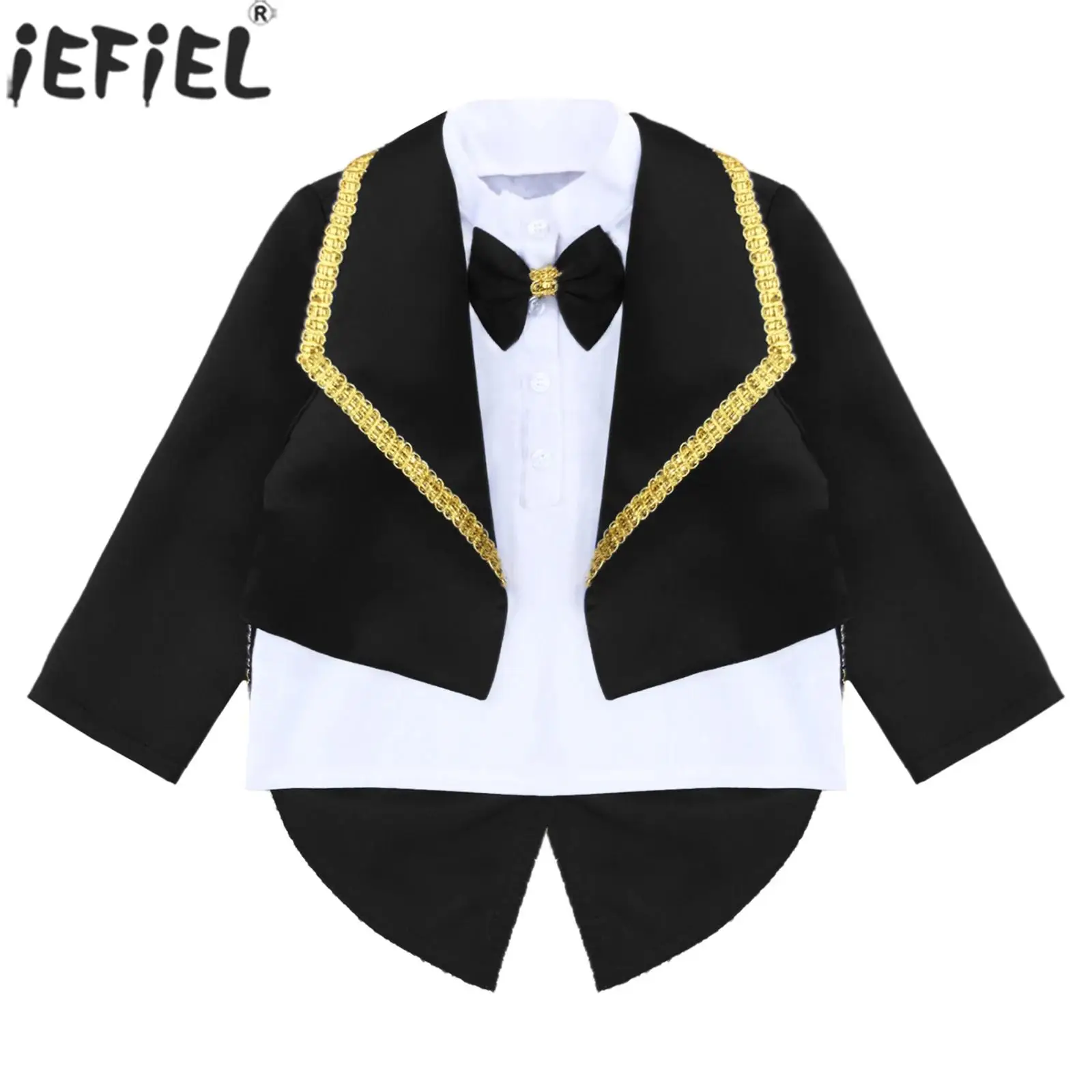 Toddler Boy Halloween Prince Magician Cosplay Tuxedo Long Sleeve Bow Tie Fake Two Piece Gentlemen Blazer for Wedding Christening 1
