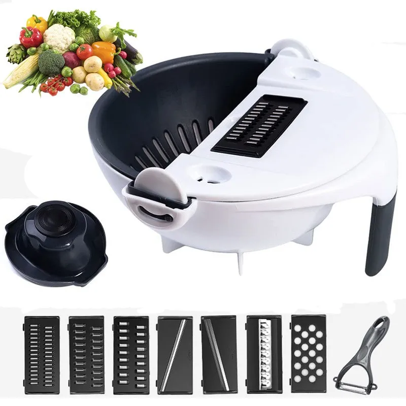 Shop for New 9 in 1 Rotate Vegetable Cutter with Drain Basket  Multifunctional Food Slicer Grater Shredder Kitchen Food Chopper Grater  Strainer Fruit Colander Peeler Salad Machine Kitchen Tool at Wholesale Price