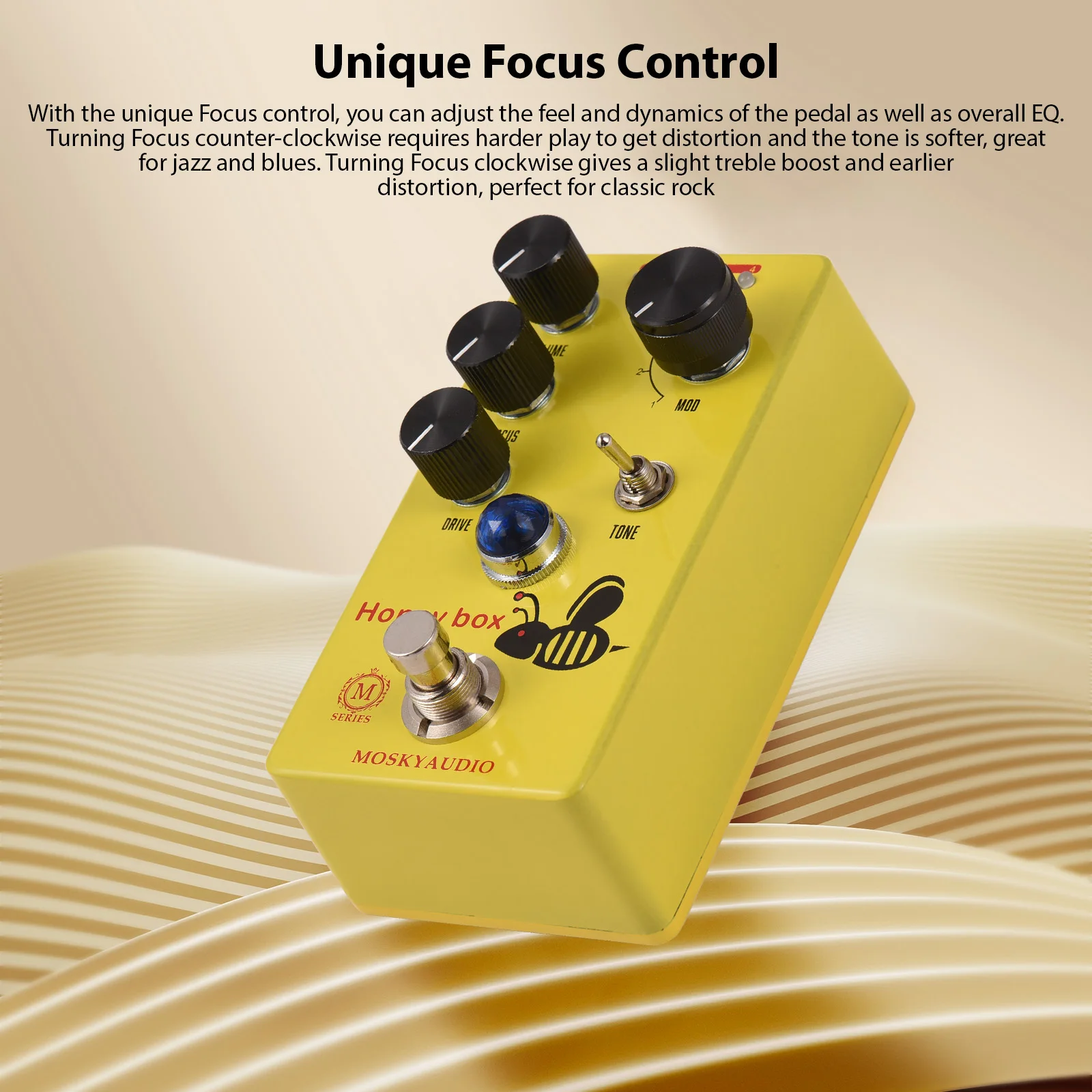 MOSKYAUDIO HONEY BOX DRIVE Guitar Overdrive Effect Pedal Volume/Drive/Focus/4Mode Knob 6.35mm Input/Output Interface True Bypass