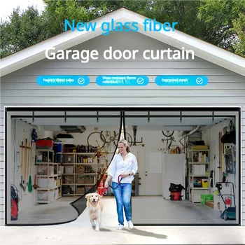 Fireproof Fiberglass Garage Door Curtain - Magnetic Auto-Close, Mosquito Screen Flame Retardant Easy Install Hook Loop Tape