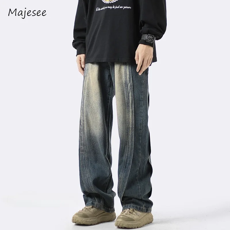 

Jeans Men Advanced Handsome Spliced Casual Wide Leg Trousers Washed All-match Gradient Color Charming Daily Fashion Design Cozy