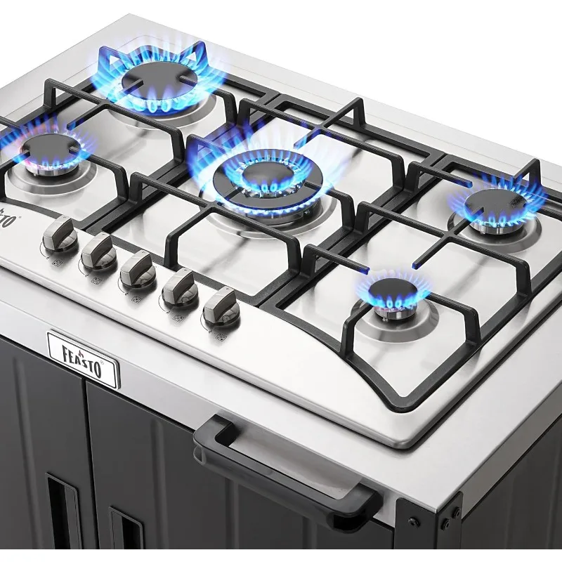 Gas Grill, Movable Outdoor Gas Stove Stainless Steel Top with Cabinet, 5 Burners with 36,200 BTUs 4