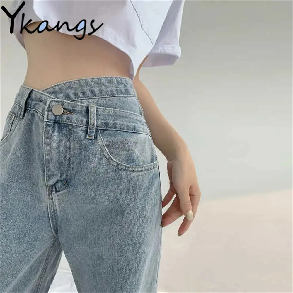 

Light Blue Full Length Jeans High Waist Design Sense Boyfriend Wide Leg Woman'S Pants Harajuku Vintage Straight Denim Trousers