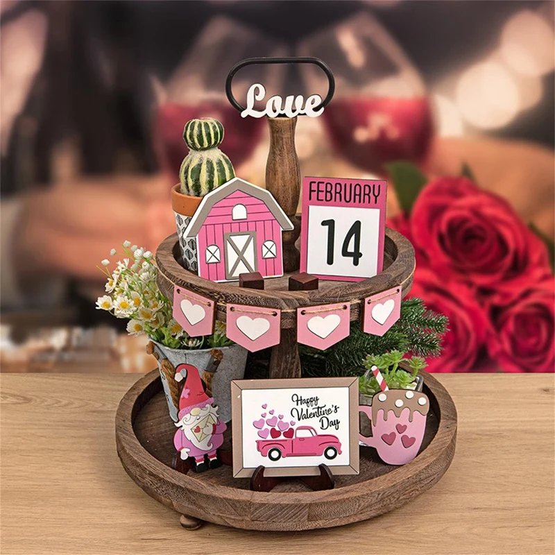 

Valentine's Day Tiered Tray Gift Table Wooden Sign Decorations Farmhouse Serving Tray Winter Holiday 1Set Wooden