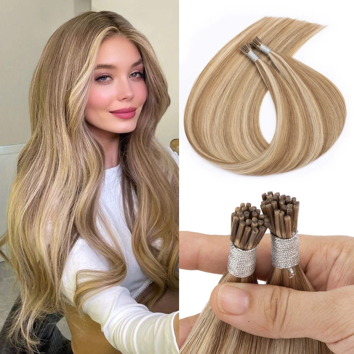 Itip Hair Pre Bonded Extensions Brown Human Hair with Bleach Blonde #8/613 I Tip Human Extensions Straight