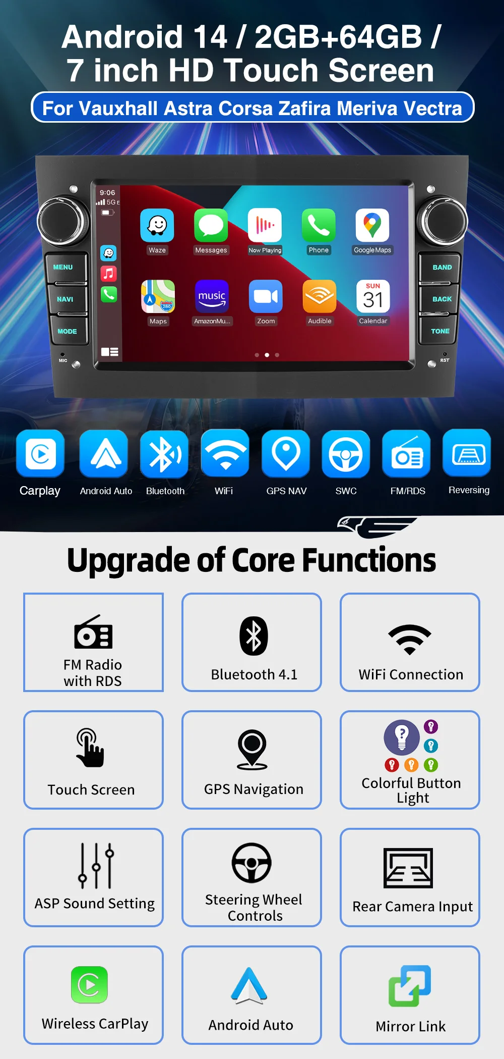 ESSGOO 7" Android 14 Car Stereo Radio Carplay Android Auto For Opel Vauxhall Corsa C/D Antara Astra Zafira RDS Wifi Mirror Link