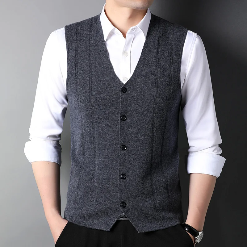 

Autumn Pure Woolen Sweater Vest Men's Knitted Cardigan Suit Vest Korean Style Wool Suit Vest Slim Fit Waistcoat