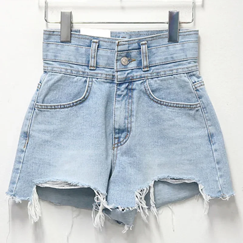 Women's Slim High Waist Sexy Hole Burrs Mini Denim Shorts 2024 Korean Summer Solid Color Tassel Shorts Female Casual Streetwear