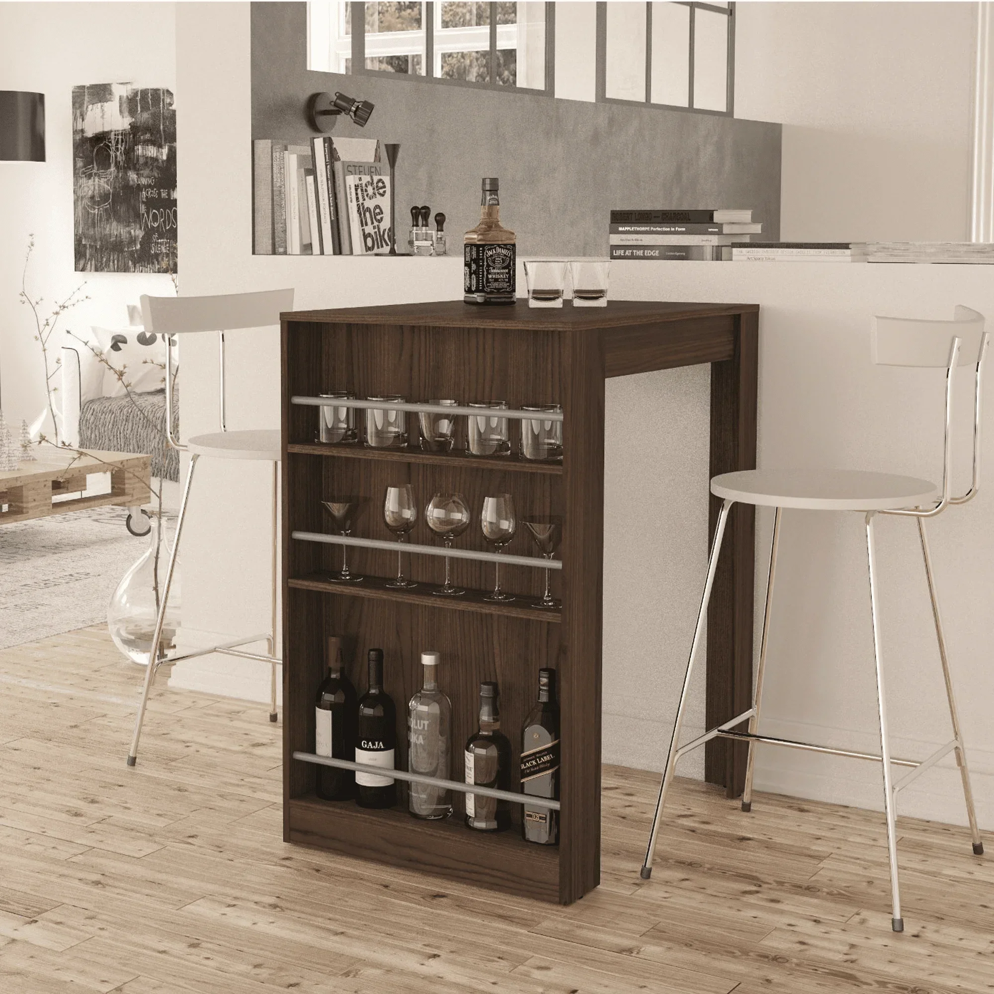1Fashionable bar table with brown finish and wine storage cabinet wine bar cabinet