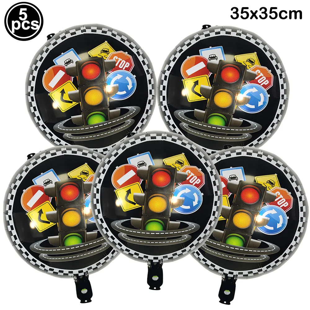 Race-Themed Birthday Party Decoration Set - Balloons, Traffic Cones, Checkered Flags, and Racing Wheel Foil Balloon