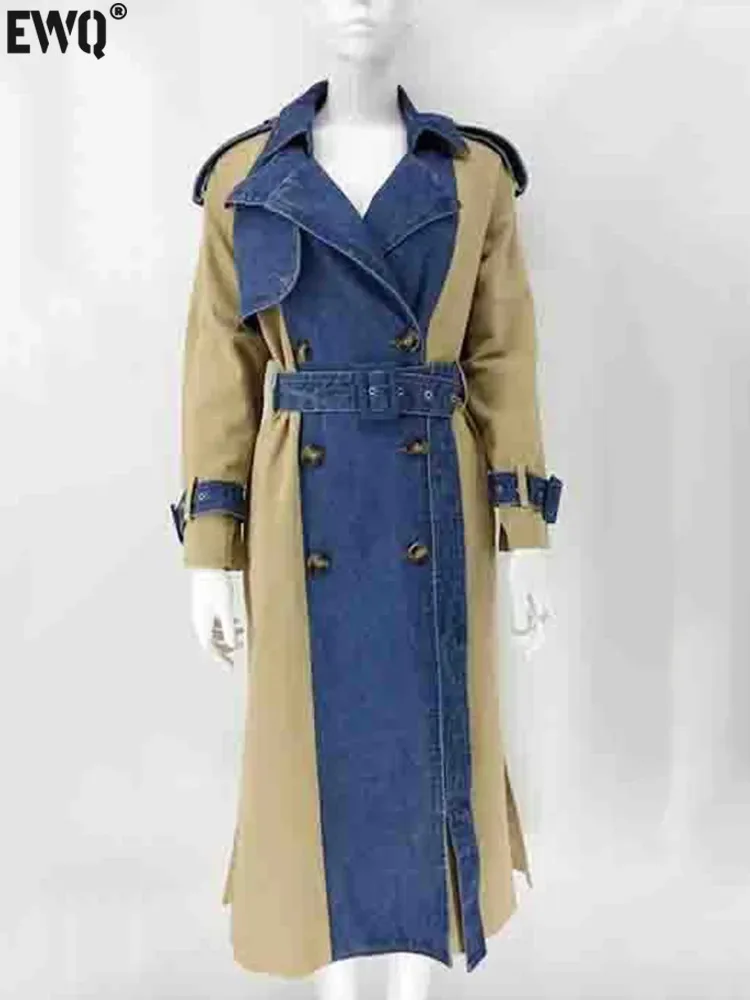 

[EWQ] Khaki Patchwork Windbreaker Jacket Women Long Sleeve Buckle Decoration Fashion Trench Coat 2023 Autumn Winter New 16U5394