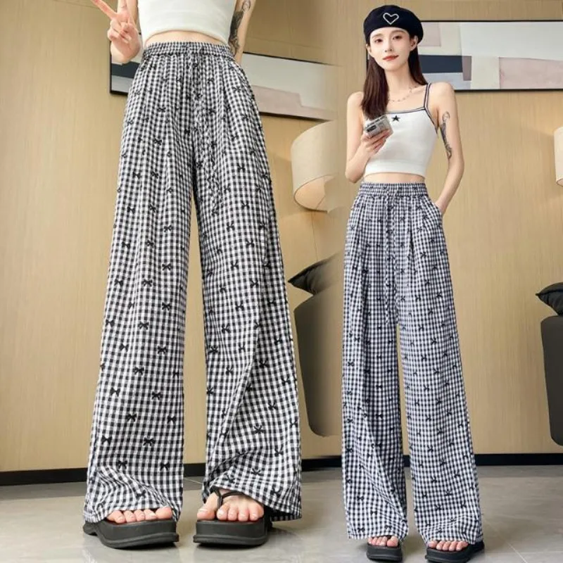 

Retro Plaid Bow Embroidered Casual Sweatpants Women's Spring Summer Latest High Waisted Trousers Slimming Loose Leg Pantalones