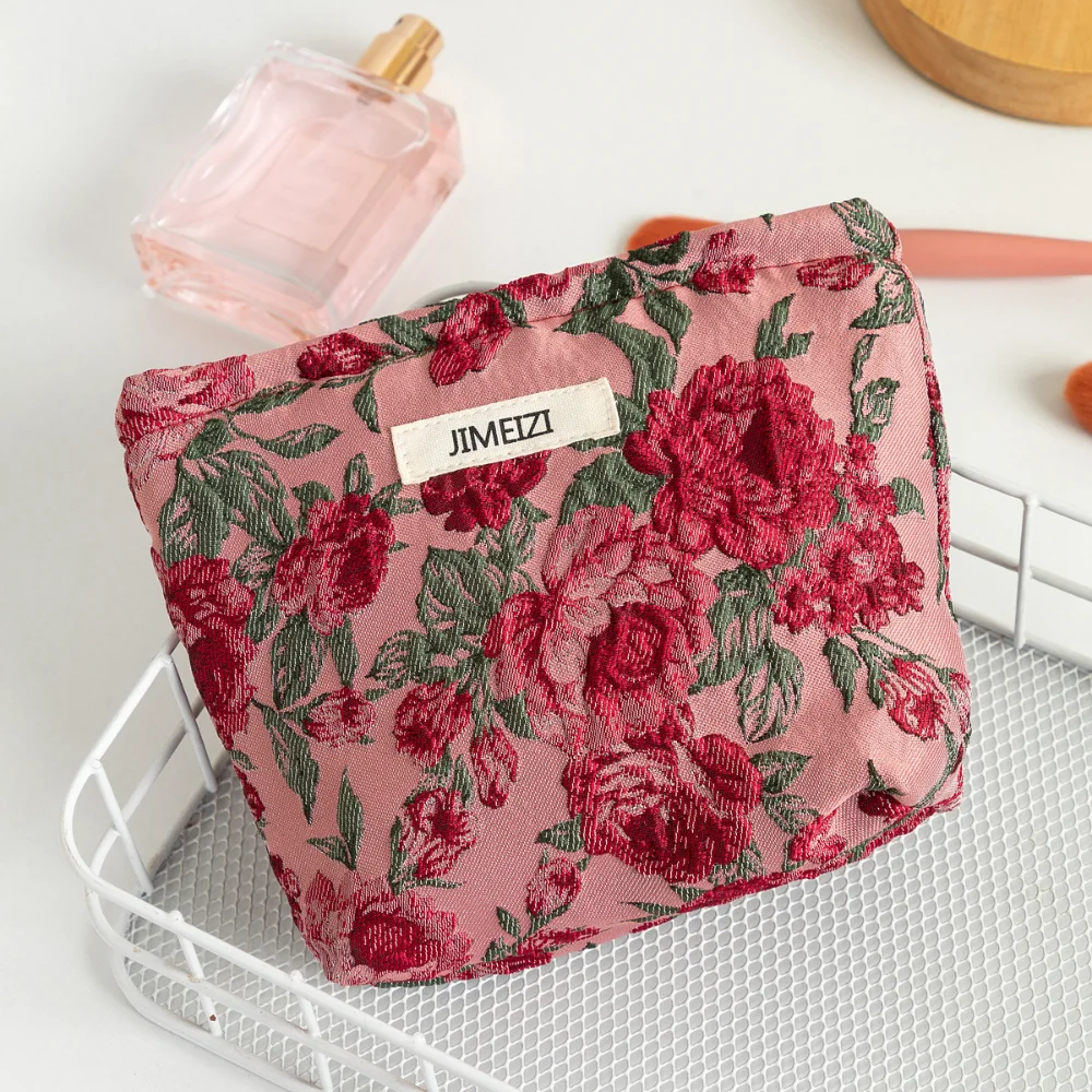 1pc Vintage Red Rose Makeup Bag Rose Pattern Makeup Bag Makeup Storage Bag Cute Daily Washing Bag Travel Organizer