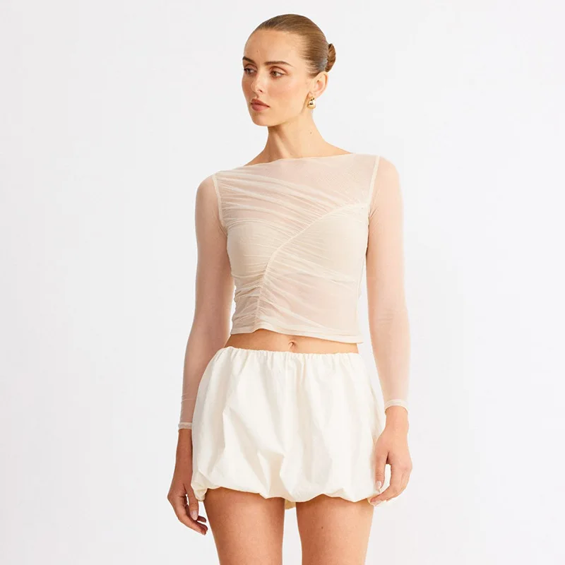 Summer See-Through Mesh T-shirt Top Women Pleated Patchwork See-Through Slim Cropped Top Tee Female Solid T-shirt Pullover
