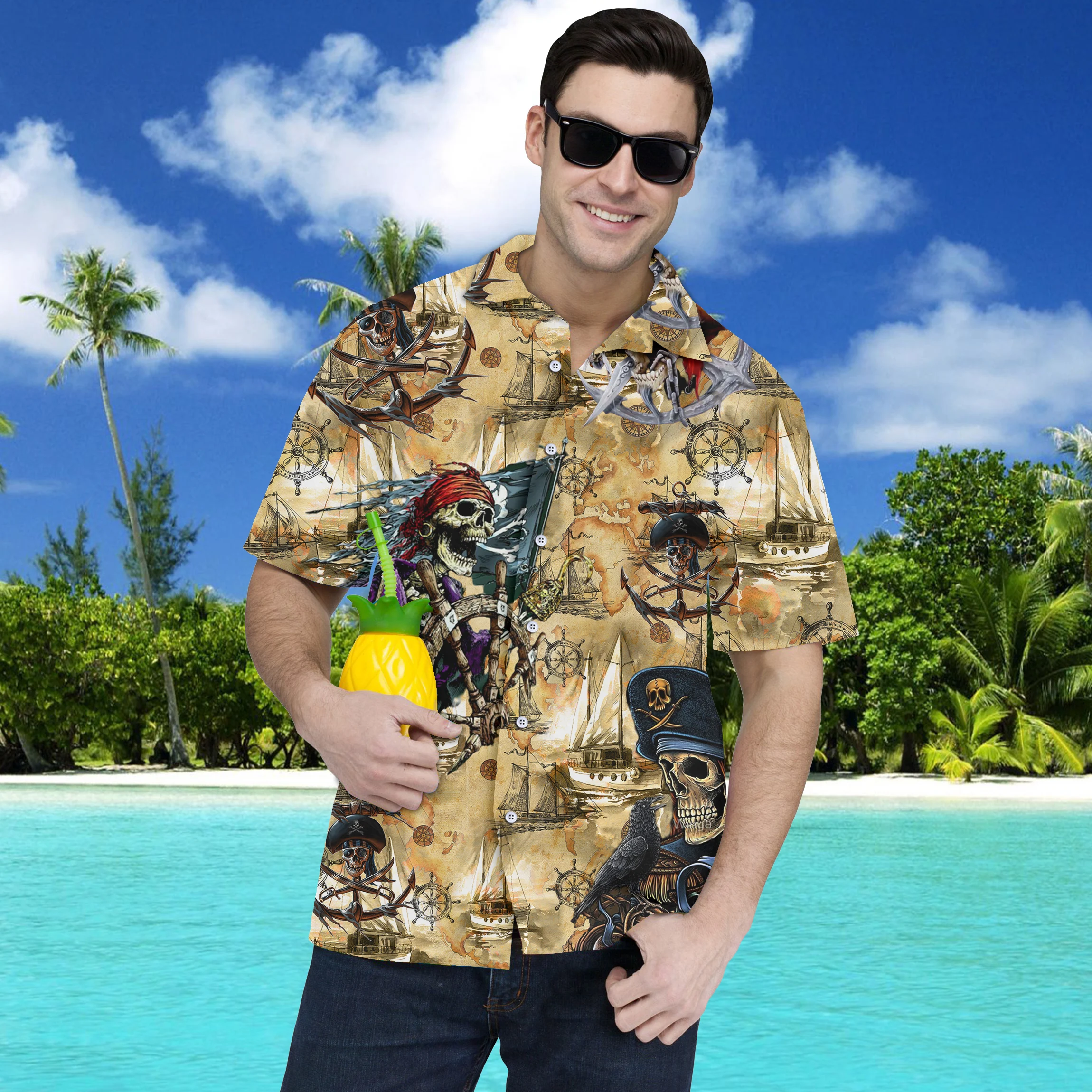

Fashion Hawaiian Shirts Pirate Vintage Summer Beach Oversize Shirt Harajuku Casual Short Sleeve Button Shirt Digital Print Tops