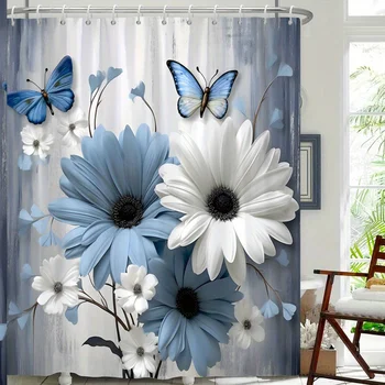 1 piece blue and white daisies with butterflies shower curtain polyester fabric realistic daisies with blue butterflies on soft gray 1