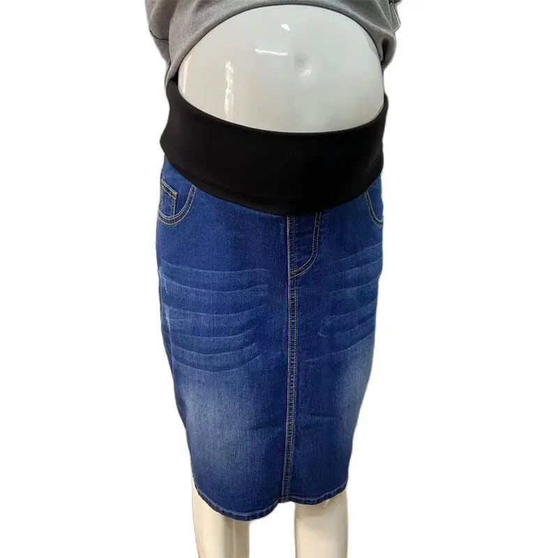 Plus Size Women Maternity Denim Skirt High Waist Good Stretch Foldable Waist Band Pregnant Women's Jean Skirt S to 4XL