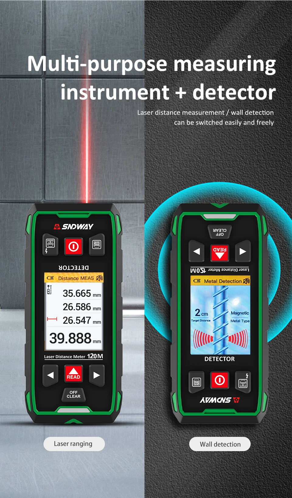 SW-6100GT 2-in-1 Laser Rangefinder Wall Scanner Metal Wood Stud Live Cable Detec