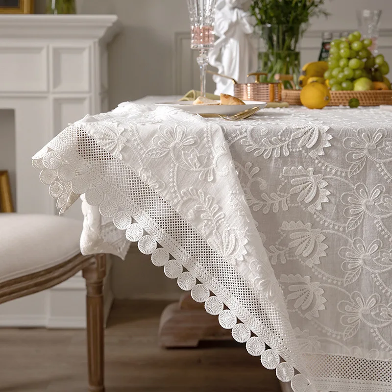 Luxury Embroider White Lace Tablecloth table cloth rectangular tablecloth For Wedding Party Living Room Bedroom Table Cloth American Table Decoration