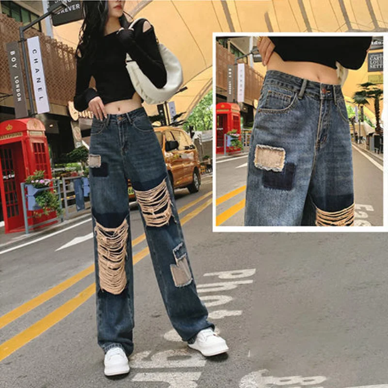 Women Vintage Girl Fashion Harajuku Baggy Pants Ripped Hole Denim Trousers Femme Summer Streetwear Wide Leg Jeans