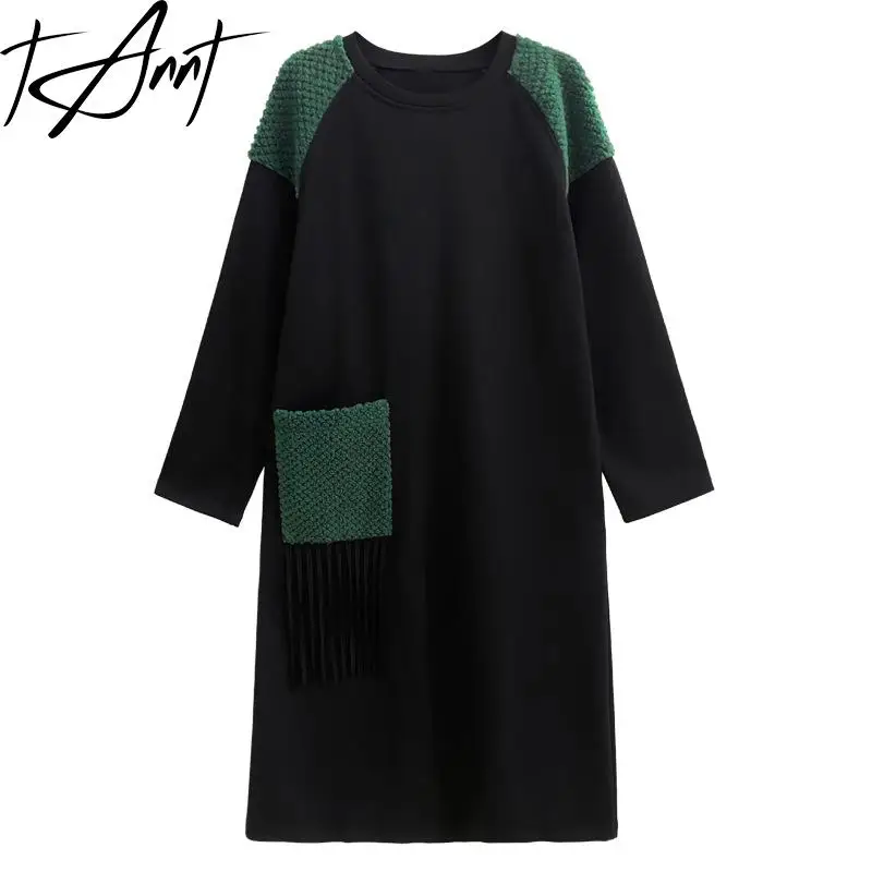 

Tannt Women Dress Patchwork Color Matching Hoodie Dresses Long Sleeves Loose Casual Autumn And Winter Long Dresses 2023 New