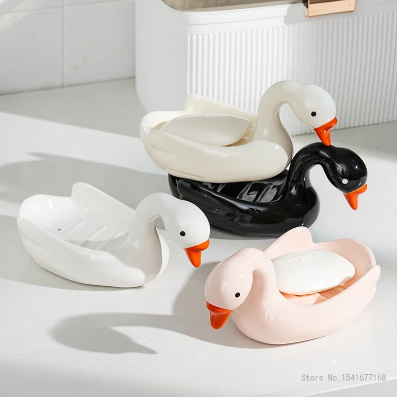 Creative Ceramic Drain Soap Boxes Cartoon Cygnet Shaped Home Kitchen Bathroom Accessories Soap Dish Storage Box Light Luxury 1Pc