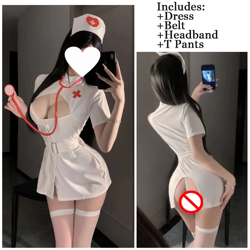 Sexy Nurse Costume Uniform Cosplay Hollow Dress Pink Kawaii Doctor Role Play Seduction Set Lingerie Pajamas Costume For Women