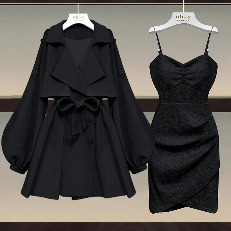 

2023 New Spring Autumn Women's Coat with Lapel+High Waist Two Piece Waist Wrapped Slim Suspended Dress Set Two-piece Set Women
