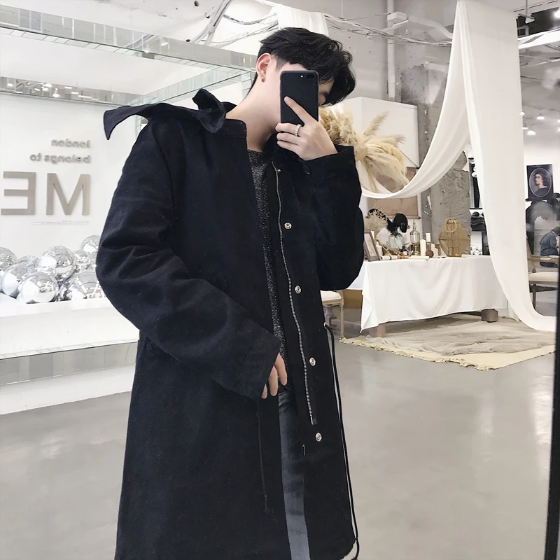 

Autumn Fashion Printed Men Trench Coat Quality Black Overcoat Streetwear Hooded Windbreaker Casual Men Trenchcoat Zipper Jackets